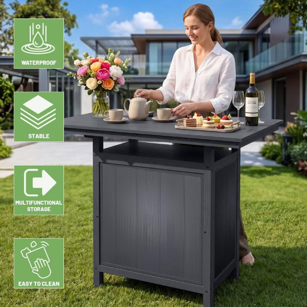 English Elm Outdoor HDPE Aluminum Bar Island with Wine Rack Two Tier Patio Entertaining Station W1859P521562