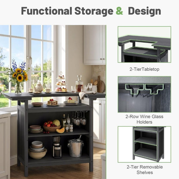 English Elm Outdoor HDPE Aluminum Bar Island with Wine Rack Two Tier Patio Entertaining Station W1859P521562