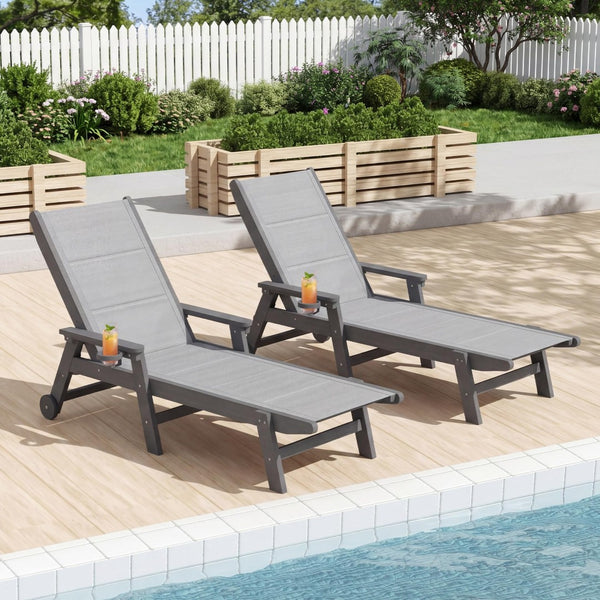 English Elm Outdoor Hdpe Chaise Lounge Set Two Poolside Recliners with Teslin Fabric and Casters Gray W1859P528222