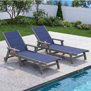 English Elm Outdoor Hdpe Chaise Lounge Set Two Poolside Recliners with Teslin Fabric and Casters Navy+Light Blue W1859P528279