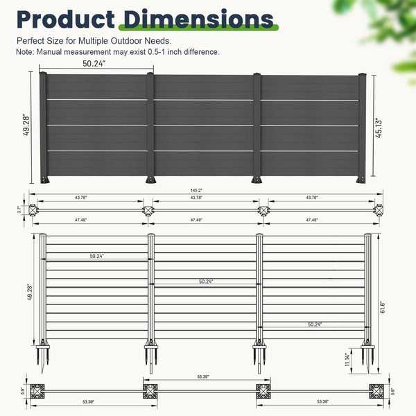 English Elm 50" Outdoor Vinyl Privacy Screen Three Panel Aluminum Post Yard Ac Enclosure Dark Grey W1859P528380