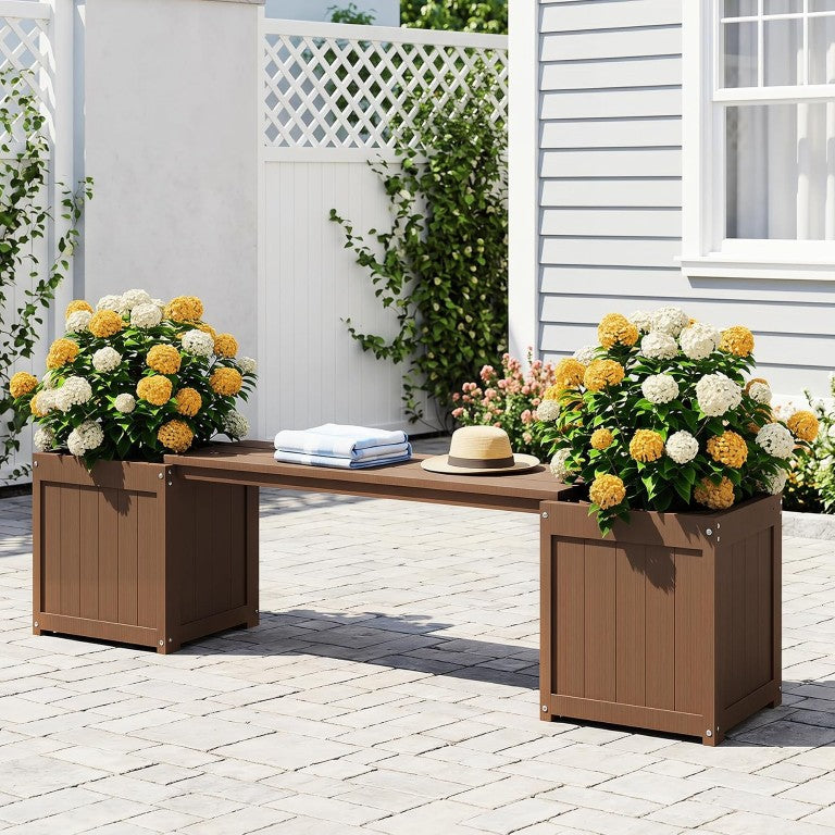English Elm Hdpe Outdoor Garden Bench with Dual Planter Boxes for Patio Porch Cottage Use Brown W1859P548702