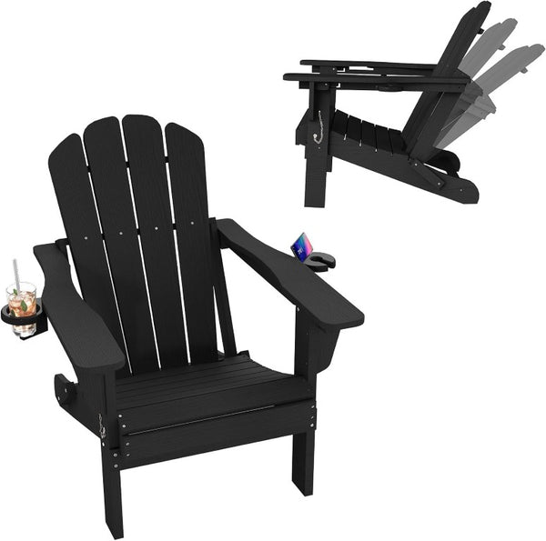 English Elm Adjustable HDPE Adirondack Chair Reclining Foldable with Cup and Phone Holders Outdoor Black Set of 1 W1859P576851