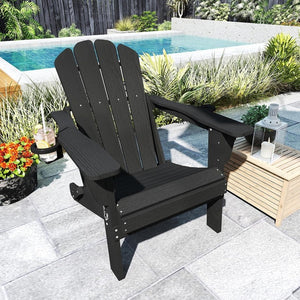 English Elm Adjustable HDPE Adirondack Chair Reclining Foldable with Cup and Phone Holders Outdoor Black Set of 1 W1859P576851