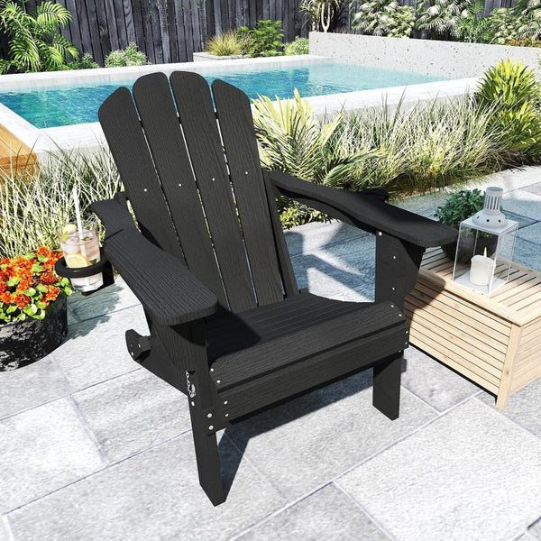 English Elm Adjustable HDPE Adirondack Chair Reclining Foldable with Cup and Phone Holders Outdoor Black Set of 1 W1859P576851