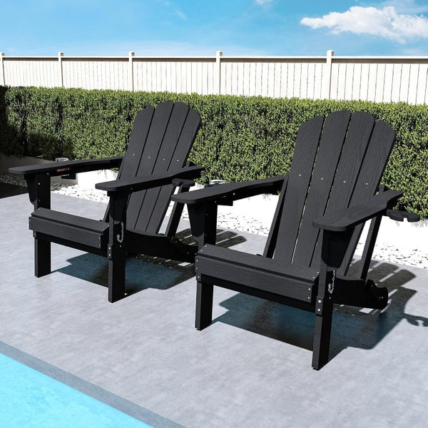 English Elm Adjustable HDPE Adirondack Chair Reclining Foldable with Cup and Phone Holders Outdoor Black Set of 1 W1859P576851