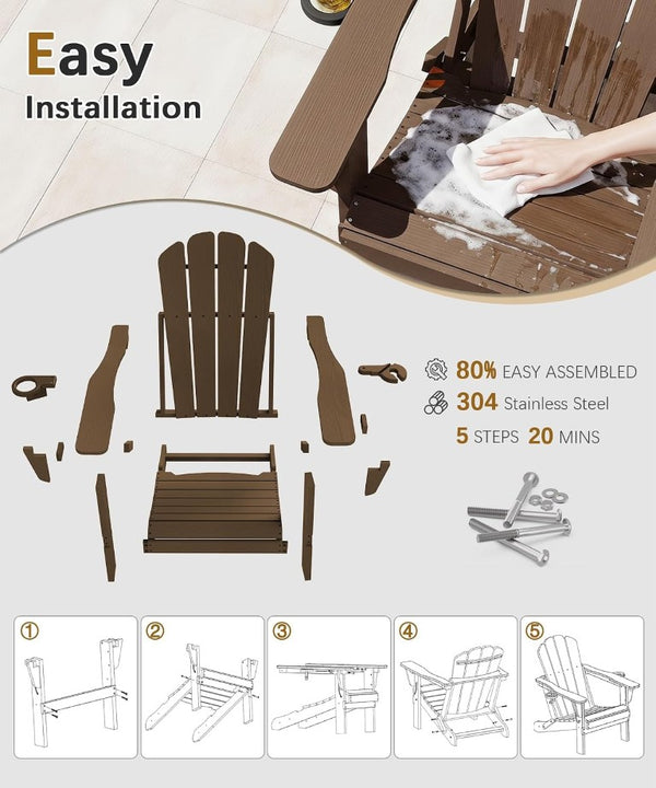 English Elm Adjustable HDPE Adirondack Chair Reclining Foldable with Cup and Phone Holders Outdoor Brown Set of 1 W1859P576858