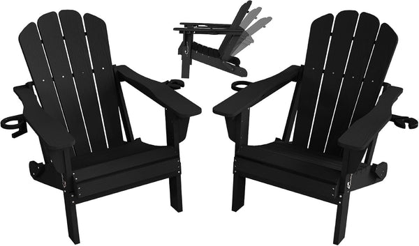 English Elm Adjustable HDPE Adirondack Chair Reclining Foldable with Cup and Phone Holders Outdoor Black Set of 2 W1859P576886