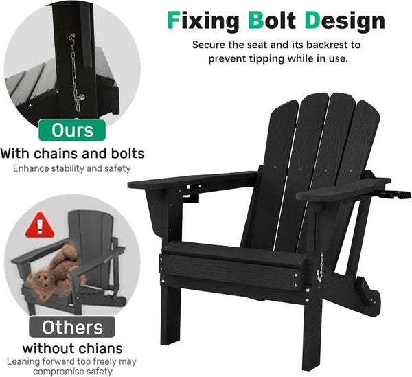 English Elm Adjustable HDPE Adirondack Chair Reclining Foldable with Cup and Phone Holders Outdoor Black Set of 2 W1859P576886