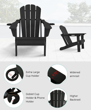 English Elm Adjustable HDPE Adirondack Chair Reclining Foldable with Cup and Phone Holders Outdoor Black Set of 2 W1859P576886