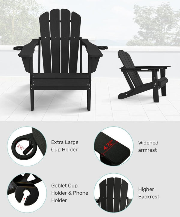 English Elm Adjustable HDPE Adirondack Chair Reclining Foldable with Cup and Phone Holders Outdoor Black Set of 2 W1859P576886