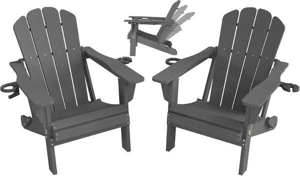 English Elm Adjustable HDPE Adirondack Chair Reclining Foldable with Cup and Phone Holders Outdoor Grey Set of 2 W1859P576900