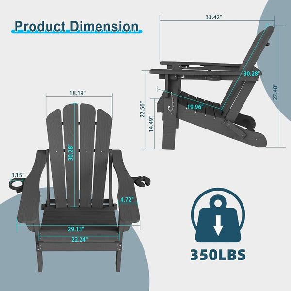 English Elm Adjustable HDPE Adirondack Chair Reclining Foldable with Cup and Phone Holders Outdoor Grey Set of 2 W1859P576900