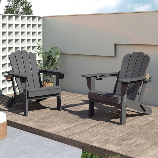 English Elm Adjustable HDPE Adirondack Chair Reclining Foldable with Cup and Phone Holders Outdoor Grey Set of 2 W1859P576900