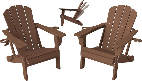 English Elm Adjustable HDPE Adirondack Chair Reclining Foldable with Cup and Phone Holders Outdoor Brown Set of 2 W1859P576909