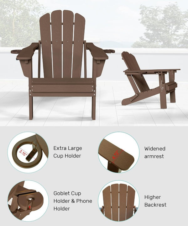 English Elm Adjustable HDPE Adirondack Chair Reclining Foldable with Cup and Phone Holders Outdoor Brown Set of 2 W1859P576909