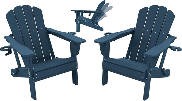 English Elm Adjustable HDPE Adirondack Chair Reclining Foldable with Cup and Phone Holders Outdoor Blue Set of 2 W1859P576913