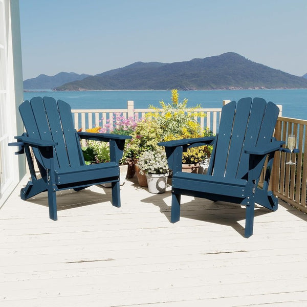 English Elm Adjustable HDPE Adirondack Chair Reclining Foldable with Cup and Phone Holders Outdoor Blue Set of 2 W1859P576913