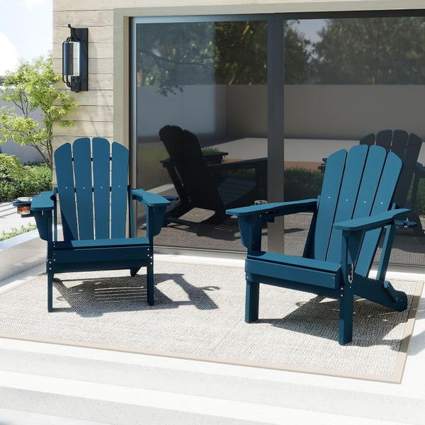 English Elm Adjustable HDPE Adirondack Chair Reclining Foldable with Cup and Phone Holders Outdoor Blue Set of 2 W1859P576913