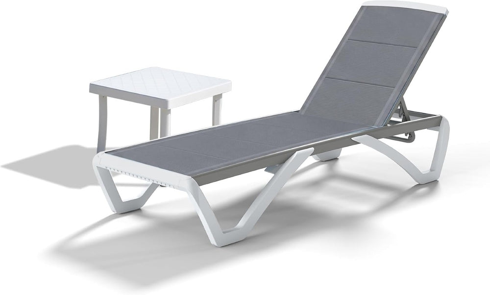 English Elm Patio Aluminum Chaise Lounge with Side Table UV Resistant Textilene Poolside Recliner Grey W1859P577123