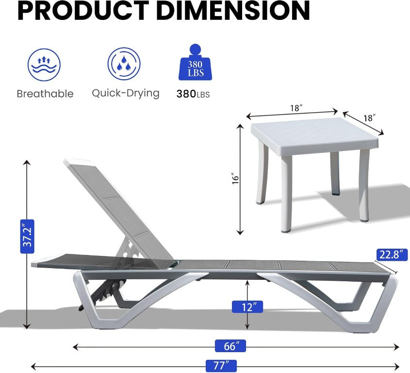 English Elm Patio Aluminum Chaise Lounge with Side Table UV Resistant Textilene Poolside Recliner Grey W1859P577123