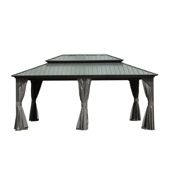 English Elm 12' 12 Ft X 18 Ft Aluminum Hardtop Gazebo with Steel Double Roof Curtains and Netting W1859S00059