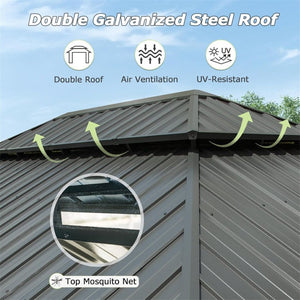 English Elm 12' 12 Ft X 18 Ft Aluminum Hardtop Gazebo with Steel Double Roof Curtains and Netting W1859S00059