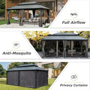 English Elm 12' 12 Ft X 18 Ft Aluminum Hardtop Gazebo with Steel Double Roof Curtains and Netting W1859S00059