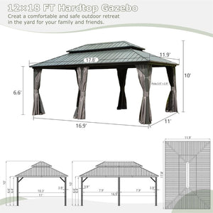 English Elm 12' 12 Ft X 18 Ft Aluminum Hardtop Gazebo with Steel Double Roof Curtains and Netting W1859S00059