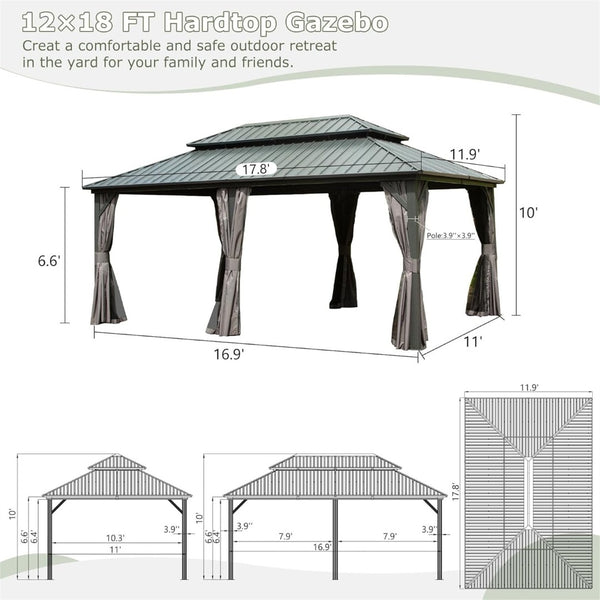 English Elm 12' 12 Ft X 18 Ft Aluminum Hardtop Gazebo with Steel Double Roof Curtains and Netting W1859S00059