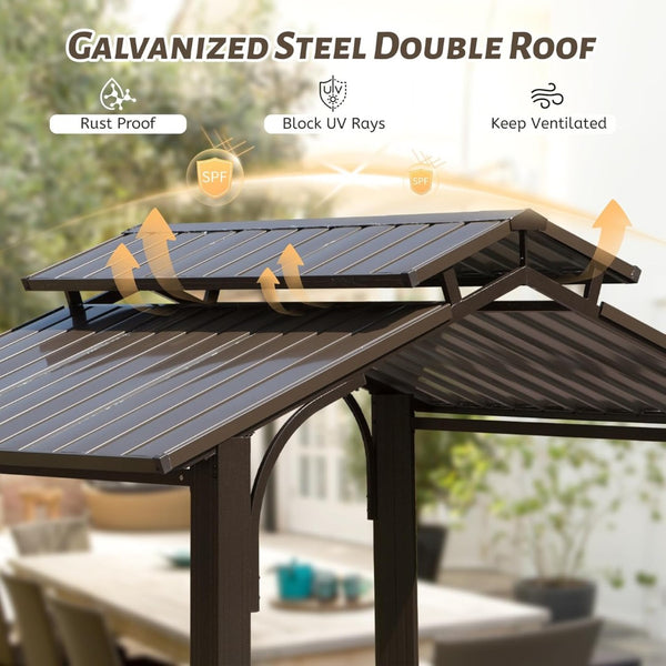 English Elm 8×5ft Hardtop Grill Gazebo Galvanized Steel Dual Roof Outdoor Canopy with Side Shelves W1859S00103