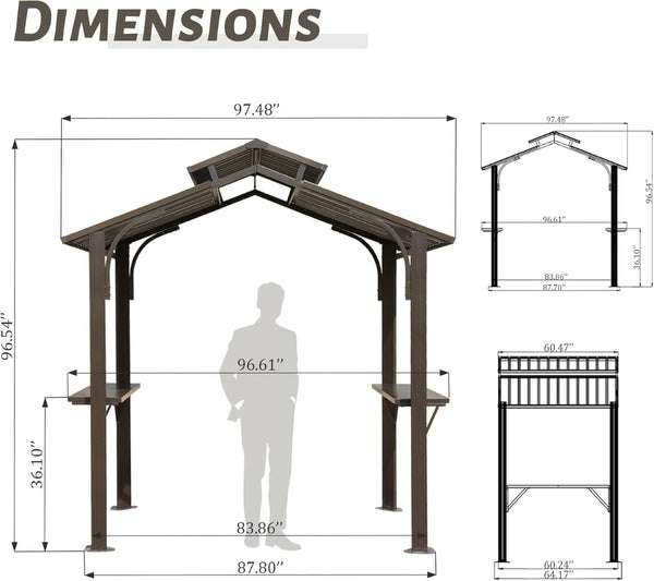 English Elm 8×5ft Hardtop Grill Gazebo Galvanized Steel Dual Roof Outdoor Canopy with Side Shelves W1859S00103