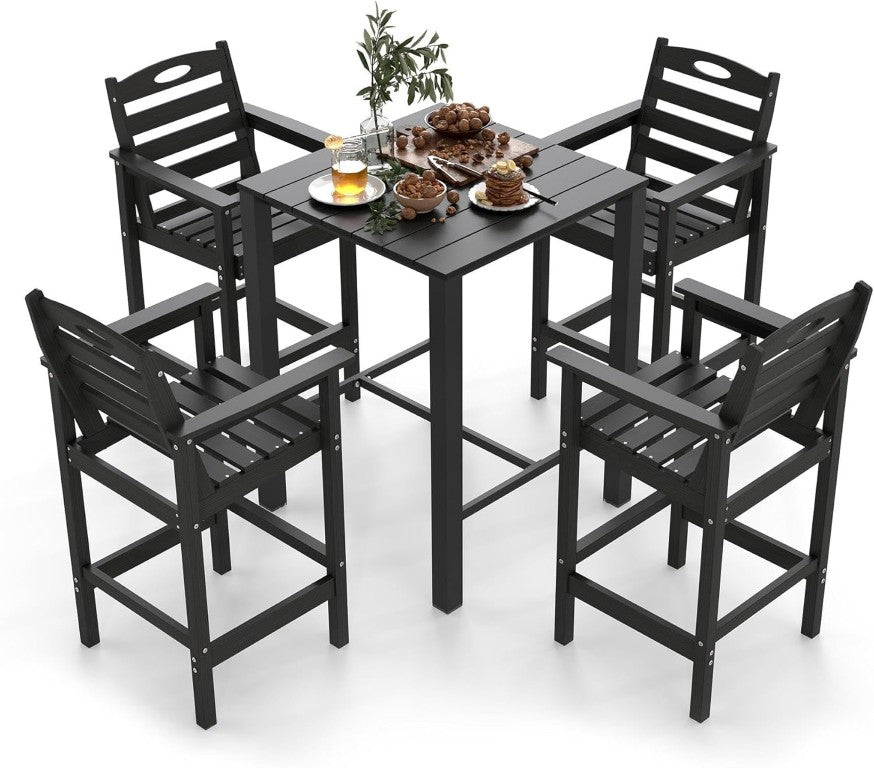 English Elm Hdpe Recycled Bar Height Patio Set with Four Wide Arm Stools for Outdoor Entertaining Black W1859S00266