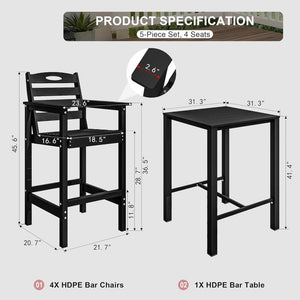 English Elm Hdpe Recycled Bar Height Patio Set with Four Wide Arm Stools for Outdoor Entertaining Black W1859S00266