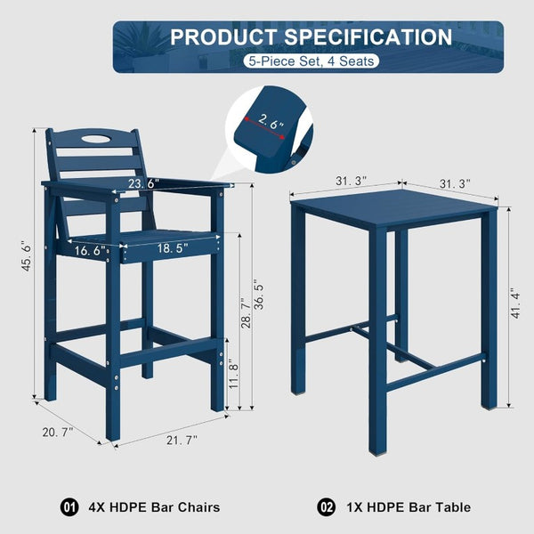 English Elm Hdpe Recycled Bar Height Patio Set with Four Wide Arm Stools for Outdoor Entertaining Navy Blue W1859S00267