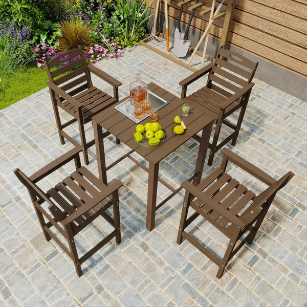 English Elm Hdpe Recycled Bar Height Patio Set with Four Wide Arm Stools for Outdoor Entertaining Brown W1859S00268
