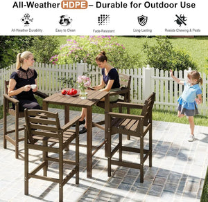 English Elm Hdpe Recycled Bar Height Patio Set with Four Wide Arm Stools for Outdoor Entertaining Brown W1859S00268