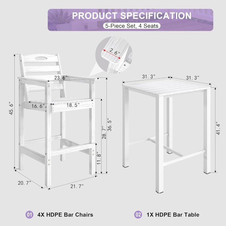 English Elm Hdpe Recycled Adirondack Outdoor Bar Set with Four Stools for Poolside Entertaining White Set of 5 Bar Set W1859S00269