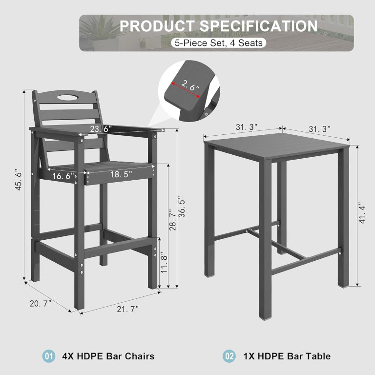 English Elm Hdpe Recycled Plastic Outdoor Bar Set with Four Stools for Balcony or Backyard W1859S00296