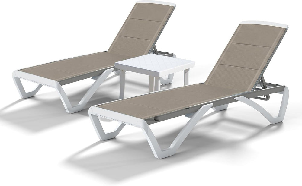 English Elm Patio Lounger Set of 2 with Side Table Textilene Fabric Aluminum Pool Deck Chairs W1859S00299
