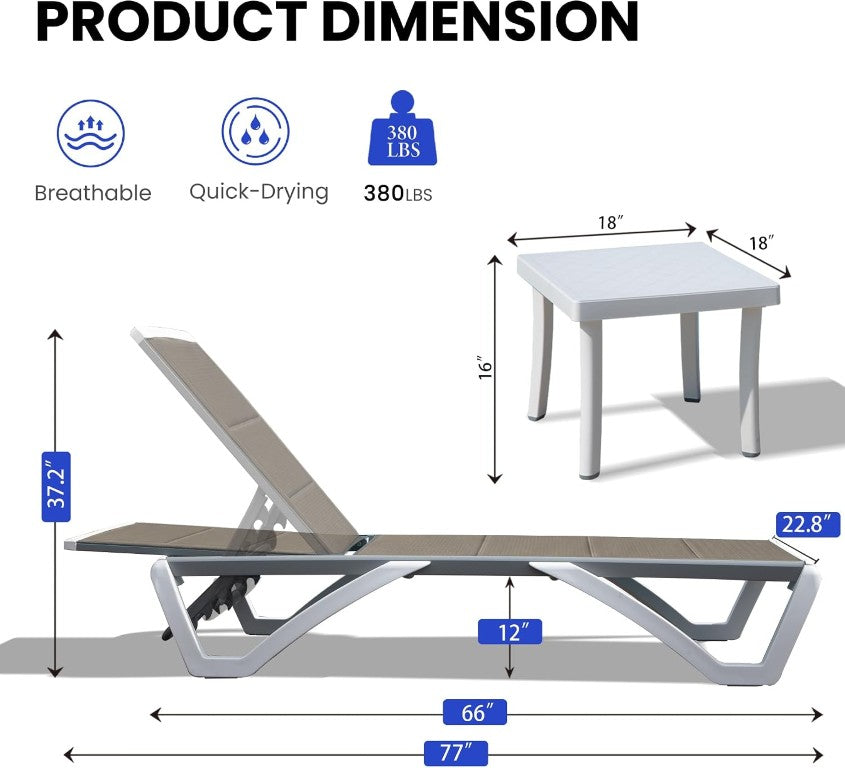 English Elm Patio Lounger Set of 2 with Side Table Textilene Fabric Aluminum Pool Deck Chairs W1859S00299