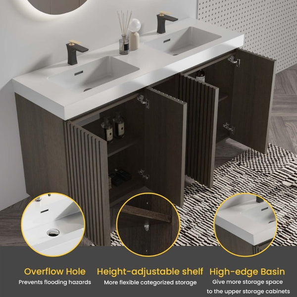 English Elm Galan60f Smoked Oak Freestanding Bathroom Vanity with Dual Basin and Soft Close Storage W1865S00244