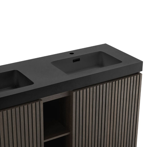 English Elm Galan60f Smoked Oak Double Sink Vanity with Soft Close Doors and Tiered Storage W1865S00246