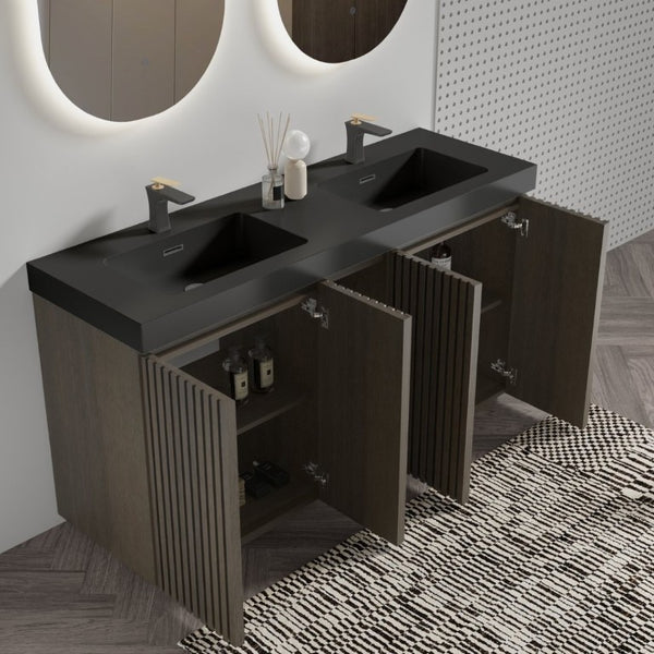 English Elm Galan60f Smoked Oak Double Sink Vanity with Soft Close Doors and Tiered Storage W1865S00246