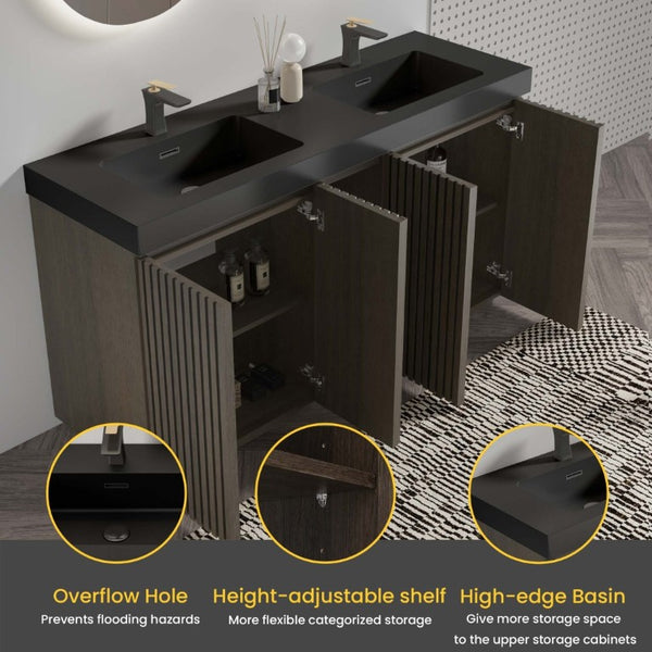 English Elm Galan60f Smoked Oak Double Sink Vanity with Soft Close Doors and Tiered Storage W1865S00246