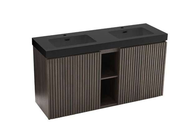 English Elm Galan60f Smoked Oak Double Sink Vanity with Soft Close Doors and Tiered Storage W1865S00246