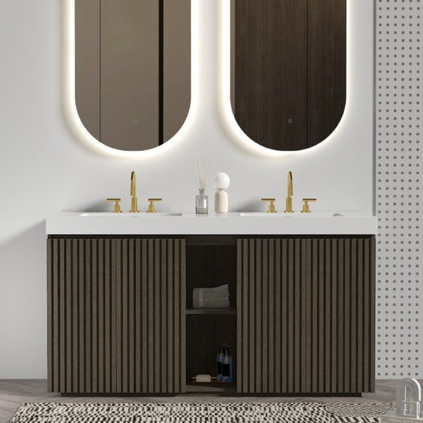 English Elm Galan 60 Inch Smoked Oak Double Sink Vanity with Soft Close Doors for Bathrooms W1865S00247