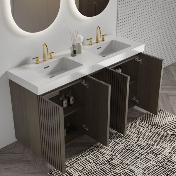 English Elm Galan 60 Inch Smoked Oak Double Sink Vanity with Soft Close Doors for Bathrooms W1865S00247