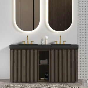 English Elm Galan 60 Inch Double Sink Bathroom Vanity Smoked Oak Slat Freestanding Modern Cabinet W1865S00248