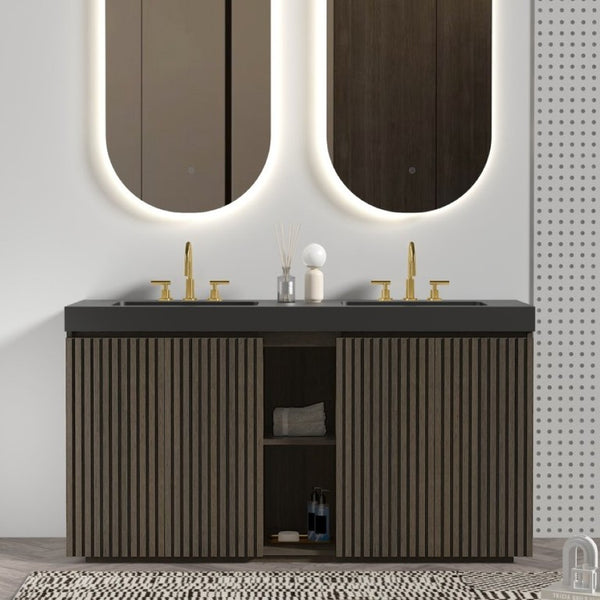 English Elm Galan 60 Inch Double Sink Bathroom Vanity Smoked Oak Slat Freestanding Modern Cabinet W1865S00248